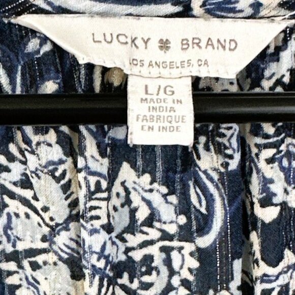 Lucky Brand Blue Floral Flutter Sleeve Boho Peasant Top with Tassel Ties Size L